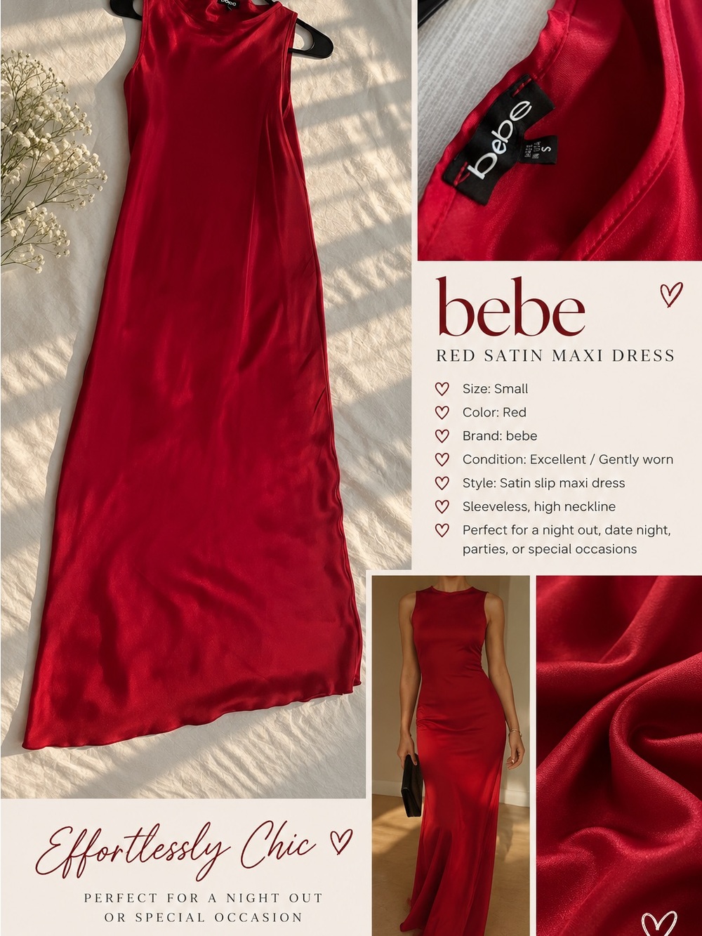 bebe Red Satin Slip Maxi Dress - Sleeveless High Neck
